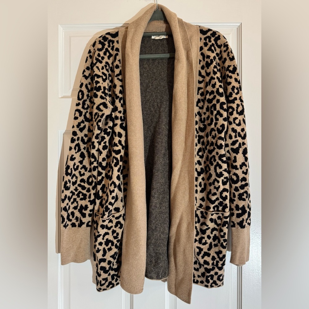 Leopard Print Open-Front Cardigan Sweater - Camel/Black